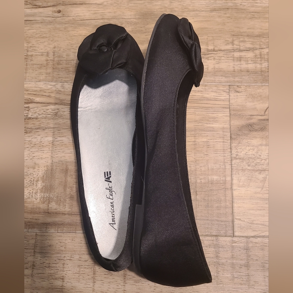 American Eagle Outfitters Black Bow Satin Ballet Flats